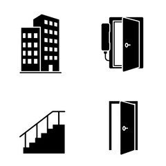 Modern building icons with stairway, intercom, and open door  