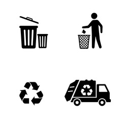 Recycling symbols with trash can and person discarding waste  