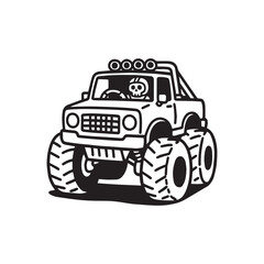 A Monster Truck with Friendly Skeleton Driver Silhouette on white Background. 