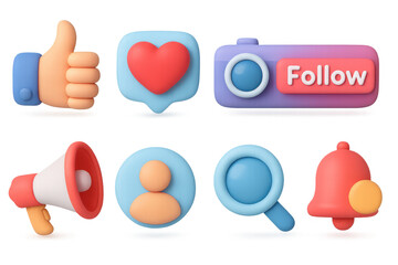 Colorful 3d social media icons with thumbs up, heart, and search symbols