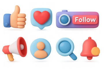 Colorful 3d social media icons with thumbs up, heart, and search symbols