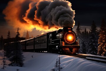 Powerful steam locomotive, brightly lit and emitting dramatic clouds of smoke and fire, traverses a snowy winter landscape under a night sky, surrounded by snow-covered pine trees.