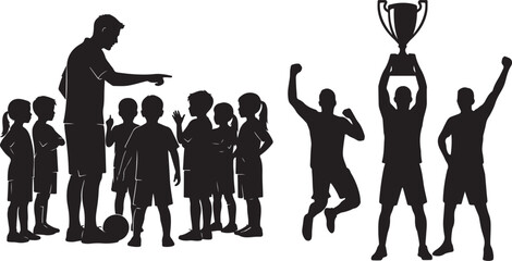 Youth Sports Coaching Silhouette Vector Set – Black and White Illustration of Soccer and Football Team, Coach Instructing Players, Celebrating Victory, Trophy and Achievement, Teamwork and Motivation