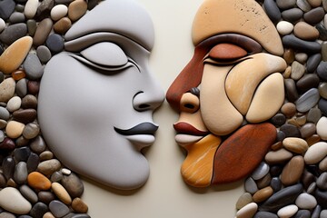 Two stone faces in profile, one smooth and gray, the other mosaic-like with warm earthy tones, facing each other against a backdrop of various natural pebbles