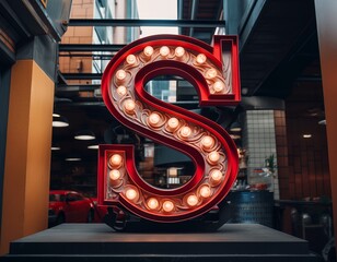 Red letter S marquee sign, illuminated with bright bulbs, standing against an urban background