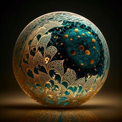Glass ball with intricate golden filigree patterns spiraling around a vibrant teal and orange core