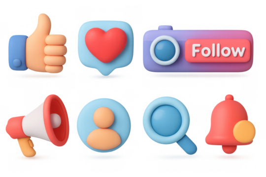 Colorful 3d social media icons with thumbs up, heart, and search symbols