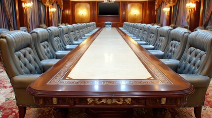 A long, polished conference table dominates a richly paneled room, lined with comfortable leather chairs, evoking a sense of formal meetings and important decisions.