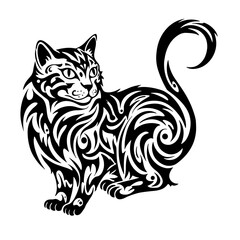 Artistic black and white silhouette of a cat with swirling patterns  
