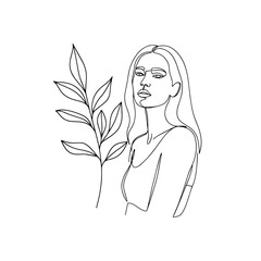 Line art illustration of a woman with a plant in minimalist style  