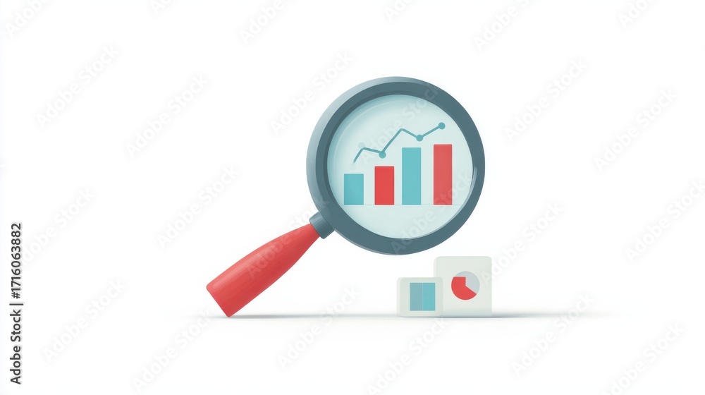 Poster a magnifying glass is used to look at a graph with a red line