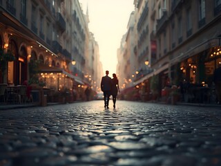 Obraz premium Couple silhouetted on cobblestone street at dusk