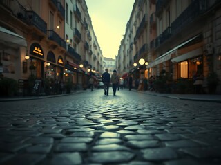 Cobblestone street at dusk with silhouetted couple