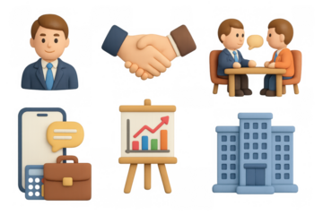 3d business scenes and icons for meetings, collaboration, and growth