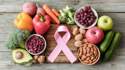 Healthy fruits, vegetables and pink ribbon for breast cancer awareness. Nutrition concept to reduce cancer risk and promote women health naturally.