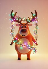 Adorable cartoon reindeer character decorated with colorful festive Christmas st lights against warm pastel background
