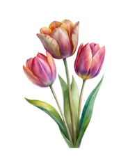 Watercolor Painting of Three Beautiful Tulips with Subtle Shades of Pink