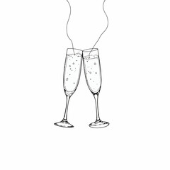 Elegantly illustrated champagne glasses with rising bubbles, capturing the essence of celebratory toasts and sophisticated gatherings in a minimalist art style