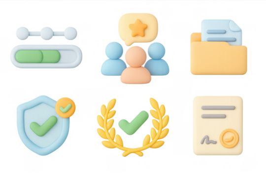 3d icons for business and communication: chat, checkmark, documents, award