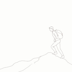 Obraz premium Minimalist Line Drawing of a Lone Hiker Ascending a Steep Mountain Path in a Serene Natural Landscape, Capturing the Essence of Solitude and Adventure