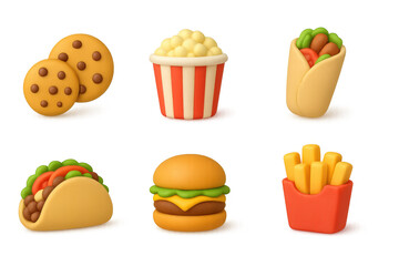Colorful 3d style fast food icons featuring burgers, tacos, and more