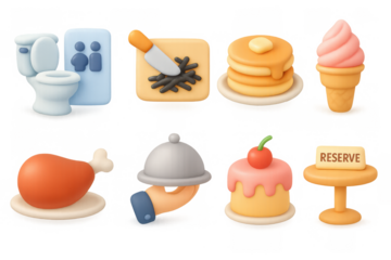 3d food icons set: pancakes, ice cream, cake, and more in soft pastel tones