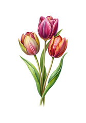 Obraz premium Watercolor Painting of Three Colorful Tulips with Green Leaves on White Background