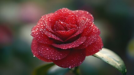 Close-up of a vibrant red camellia flower with water droplets (1)