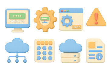 3d colorful interface icons for cloud computing and data processing