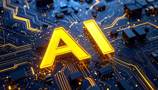 Gold "AI" letters glow atop a circuit board, intricate pathways and components create a digital representation