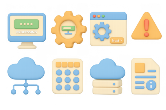 3d colorful interface icons for cloud computing and data processing