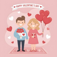 Valentine's Day Couple in Love Celebrating with Gifts and Heart Balloons
