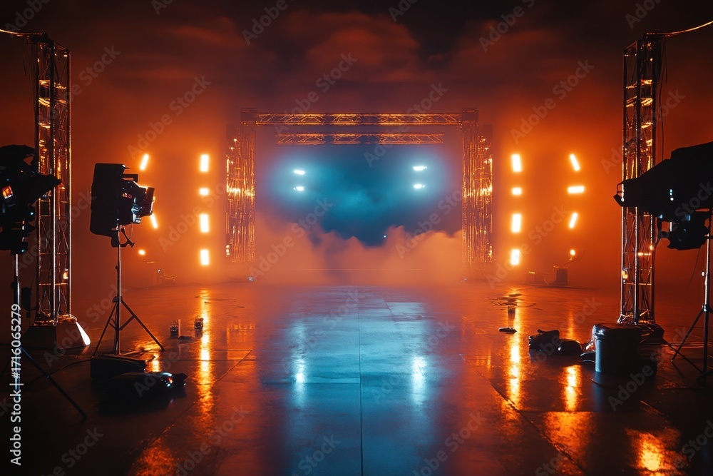 Poster lighting setup in a performance venue with vibrant colors and fog effects