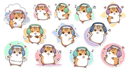 Cute hamster cartoon vector stickers set with headphones, a joyful flying hamster, happy animal stickers for creative designs