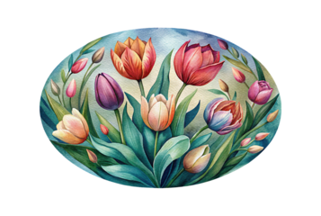Watercolor Tulips Bouquet Oval Arrangement, Colorful Spring Flower Art Illustration