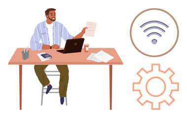 Man sitting at desk using laptop, managing documents. Nearby icons represent wireless and settings. Ideal for remote work, tech, organization, productivity, innovation, efficiency digital workspace