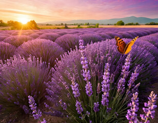 Fototapeta premium Purple butterfly flying over lavender field at sunset, inspiring nature background, lavender flowers in provence