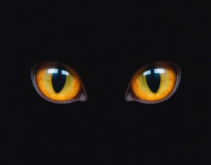 Close-up of a Cat's Bright Yellow Eyes with Vertical Pupils on a Black Background, Mysterious and Intense Feline Gaze