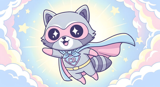 Adorable superhero raccoon vector illustration flying joyfully through a pastel sky filled with stars and clouds, embodying courage and fun