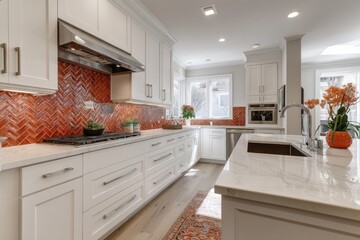 A bright, modern kitchen boasts white cabinetry, a herringbone backsplash in terracotta tones, and a sleek island with a marble countertop.