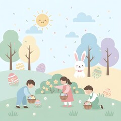 Children Easter egg hunt with bunny sun trees and eggs in garden illustration
