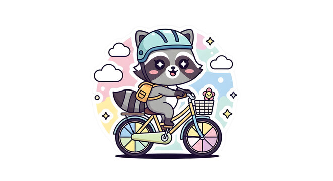 Cute Raccoon Character Riding a Bicycle and Flying with Wings vector illustration with colorful sky and clouds, fun cartoon animal character, fantasy flying adventure