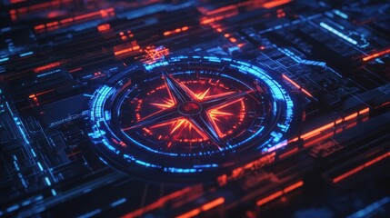 Tech compass glows on futuristic circuit board