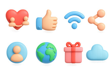 3d social media icons set featuring heart, thumbs up, and gift box