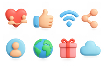 3d social media icons set featuring heart, thumbs up, and gift box