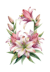Elegant Watercolor Illustration of Pink Lilies Arranged in a Rectangular Frame