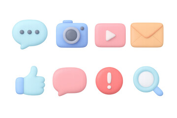 3d social media icons set with communication and multimedia elements