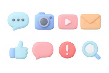 3d social media icons set with communication and multimedia elements