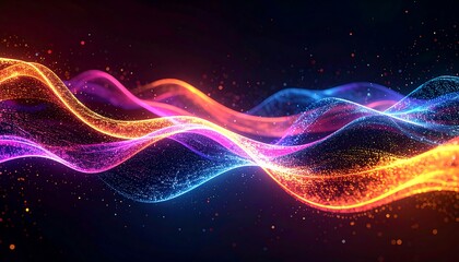 Glowing, abstract waves of vibrant light in orange, pink, and blue against a dark background, with scattered sparkles