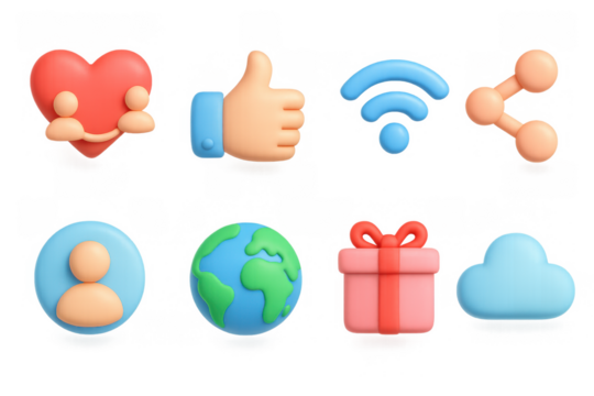 3d social media icons set featuring heart, thumbs up, and gift box